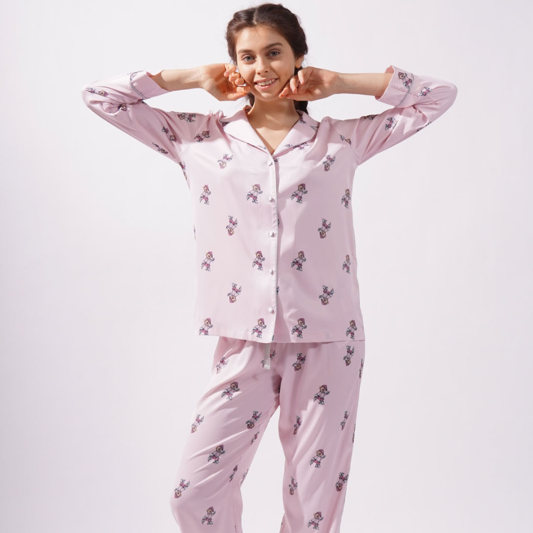 Women's Satin Teddy Bear Pajamas - Pink - Image 2